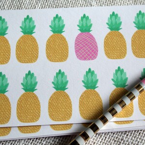 Illustrated Pink and Yellow Pineapple Stationery Set  - Set of 8 Folded Blank Cards and Envelopes