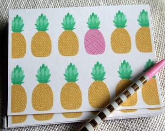 Illustrated Pink and Yellow Pineapple Stationery Set  - Set of 8 Folded Blank Cards and Envelopes