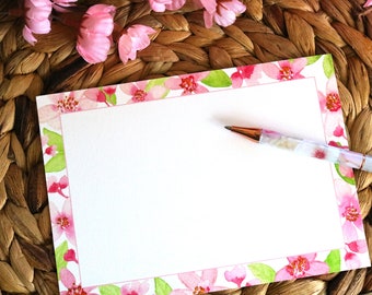 Watercolor Cherry Blossom Note Card Set| Pink Botanical Floral Sakura Stationery Set
