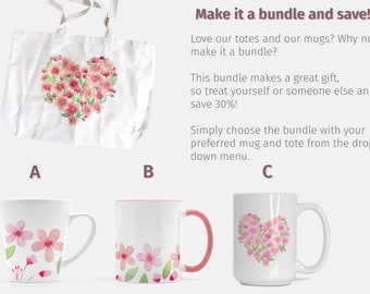 Watercolor Cherry Blossom Heart Tote Bag and Mug Bundle | Illustrated Sakura Floral Botanical Reusable Bag and  Mug Gift Set