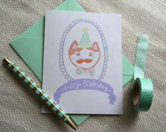 Illustrated Happy Birthday Cat Handmade Blank Greeting Card