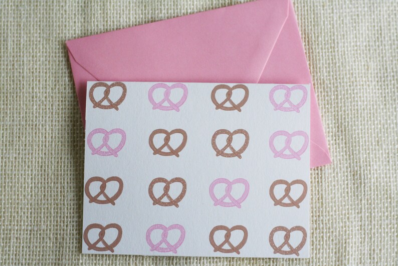 Illustrated Pink Pretzel Folded Blank Greeting Card Stationery Set