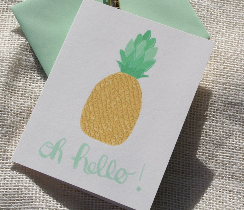 Pineapple Oh Hello Card illustrated blank greeting card, pineapple stationery, calligraphy stationery, tropical notecards image 5