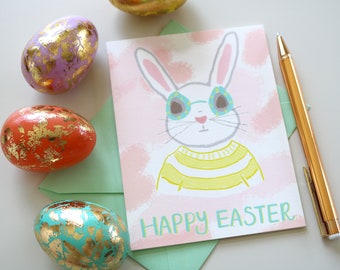 Illustrated Bunny Easter Card | Happy Easter Pastel Blank Greeting Card