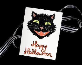 de voeux vintage Halloween de chat noir | Papeterie vierge illustrée Happy Halloween pour Halloween et la saison effrayante