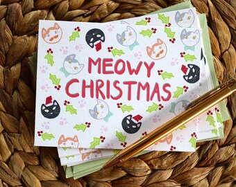 Meowy Christmas Greeting Card | Funny Illustrated Cat Pattern Blank Holiday Stationery for Cat Lovers