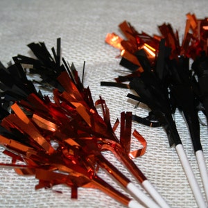 Black and Orange Metallic Fringe Halloween Cupcake or Cake Toppers Set of 12 image 2