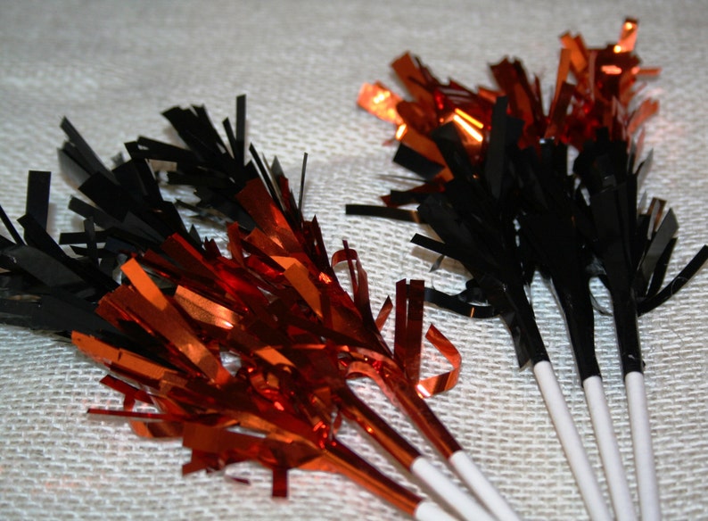 Black and Orange Metallic Fringe Halloween Cupcake or Cake Toppers Set of 12 image 2