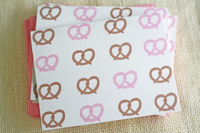 Illustrated Pink Pretzel Folded Blank Greeting Card Stationery Set
