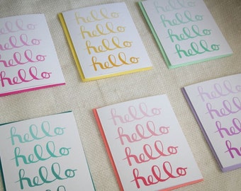 Rainbow Ombré “Hello” Stationery Set| calligraphy, blank greeting card, , gift set, notecard set, rainbow stationery