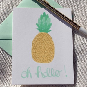 Pineapple Oh Hello Card illustrated blank greeting card, pineapple stationery, calligraphy stationery, tropical notecards image 1