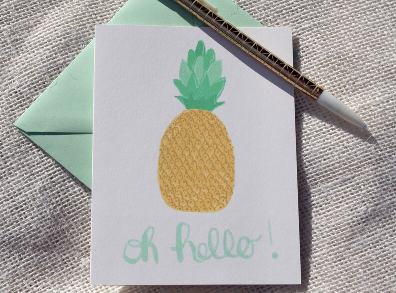 Pineapple Oh Hello Card illustrated blank greeting card, pineapple stationery, calligraphy stationery, tropical notecards image 1