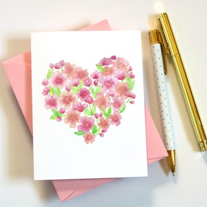 Wenskaart voor het Hart van de Kersenbloesem van de Waterverf | Geïllustreerd blanco bloemenbriefpapier voor Galentijns- of Valentijnsdag, liefde of jubileum