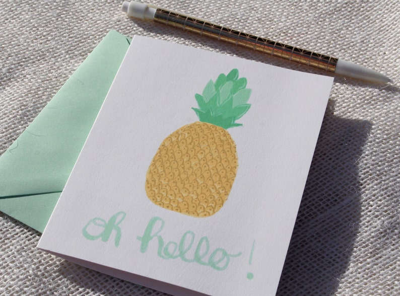 Pineapple Oh Hello Card illustrated blank greeting card, pineapple stationery, calligraphy stationery, tropical notecards image 2