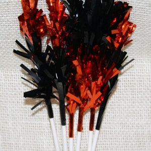 Black and Orange Metallic Fringe Halloween Cupcake or Cake Toppers Set of 12 image 3