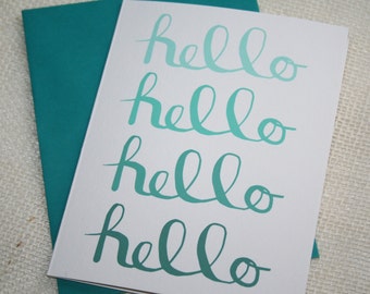 Teal Ombré “Hello” Folded Card | calligraphy, blank greeting card, stationery set, gift set, notecard