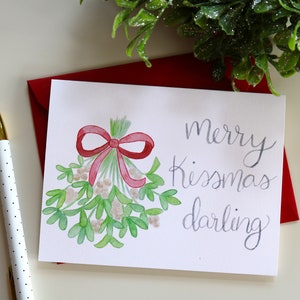 Watercolor Mistletoe Merry Kissmas Darling Greeting Card | Holiday Christmas Card with Calligraphy