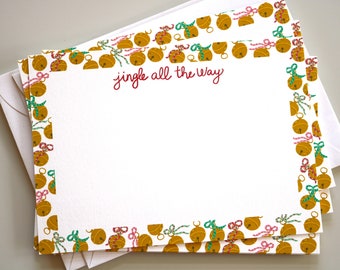 Jingle All The Way Notecard Set | Illustrated Holiday Jingle Bell Blank Stationery, Christmas Card Set