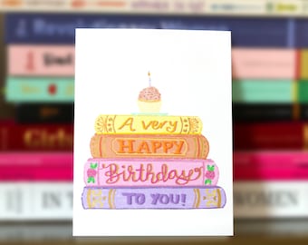 de voeux d'anniversaire de pile de livres | Carte vierge illustrée vintage sur le thème de la bibliothèque pour amateur de livres, lecteur avide, rat de bibliothèque