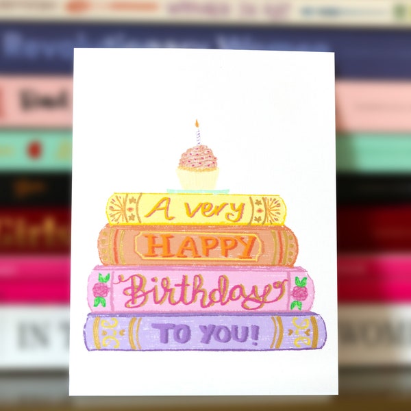 Stack of Books Birthday Greeting Card | Illustrated Vintage Library Theme Blank Card for Book Lover, Avid Reader, Bookworm