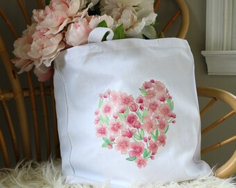 Watercolor Cherry Blossom Heart Tote Bag | Illustrated Sakura Floral Botanical Reusable Canvas Shopping Bag
