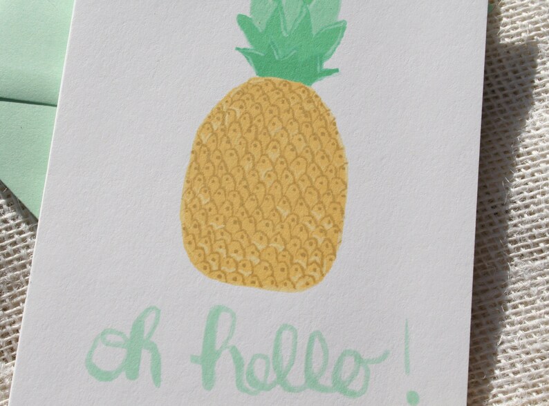 Pineapple Oh Hello Card illustrated blank greeting card, pineapple stationery, calligraphy stationery, tropical notecards image 3