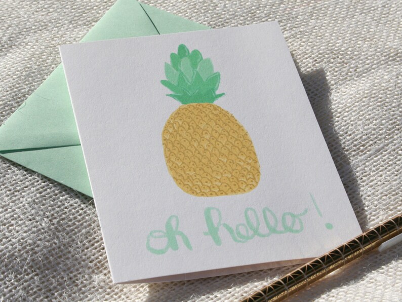 Pineapple Oh Hello Card illustrated blank greeting card, pineapple stationery, calligraphy stationery, tropical notecards image 4