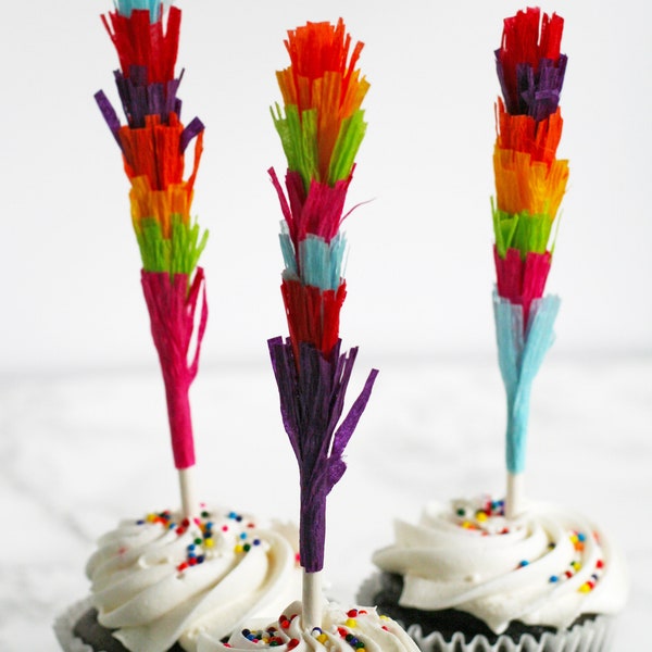 Fiesta Rainbow Fringe Cupcake Toppers | Party Décor, Cake Decoration for Birthday, Bridal or Baby Shower, Cinco de Mayo, Wedding