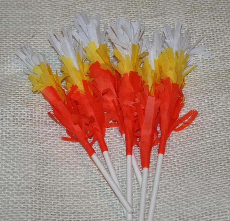 Candy Corn Halloween Fringe Cupcake or Cake Toppers Set of 12 image 1