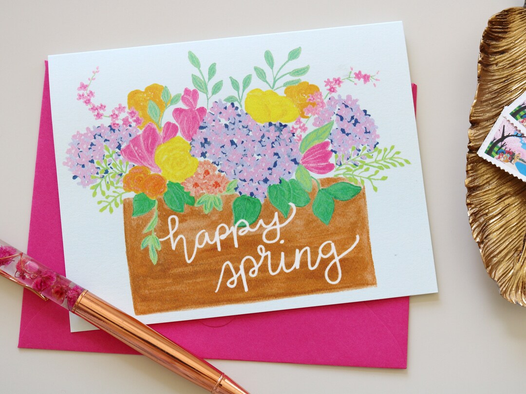 Happy Spring Greeting Card | Flower Box Floral Stationery, Botanical ...