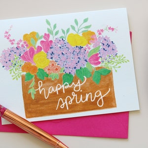 Primavera feliz cartão comemorativo | Papelaria floral caixa de flores, ilustração botânica