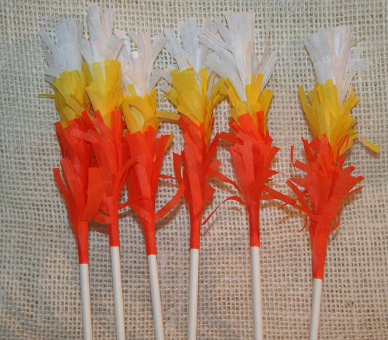 Candy Corn Halloween Fringe Cupcake or Cake Toppers Set of 12 image 4