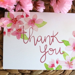 de remerciements aquarelle fleurs de cerisier | Carte de voeux vierge de calligraphie florale botanique