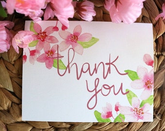 Watercolor Cherry Blossom Thank You Cards| Botanical Floral Calligraphy Blank Greeting Card