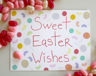 Sweet Easter Wishes  Easter Greeting Card | Pastel Easter candy, illustrated card, hand lettered card, blank greeting card, holiday card