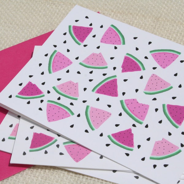 Pink Illustrated Watermelon Slices Pattern Stationery Set| blank greeting card set, illustrated stationery, gift set, blank notecards