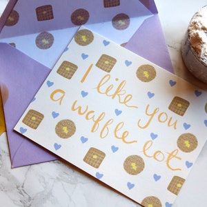 Eu gosto de você, um lote de waffles, cartão de felicitações em branco | Papelaria ilustrada com trocadilhos engraçados para aniversário, dia das galinhas ou dia dos namorados