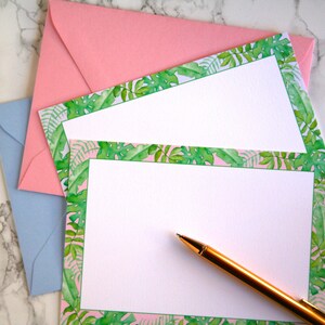 Ensemble de cartes pour notes plates Feuilles tropicales | Coffret cadeau papeterie aquarelle pastel botanique vierge illustrée