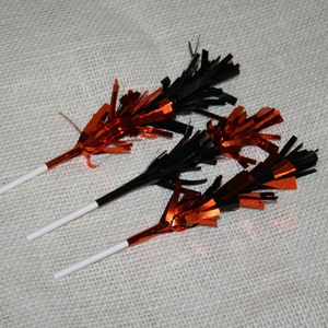 Black and Orange Metallic Fringe Halloween Cupcake or Cake Toppers Set of 12 image 4