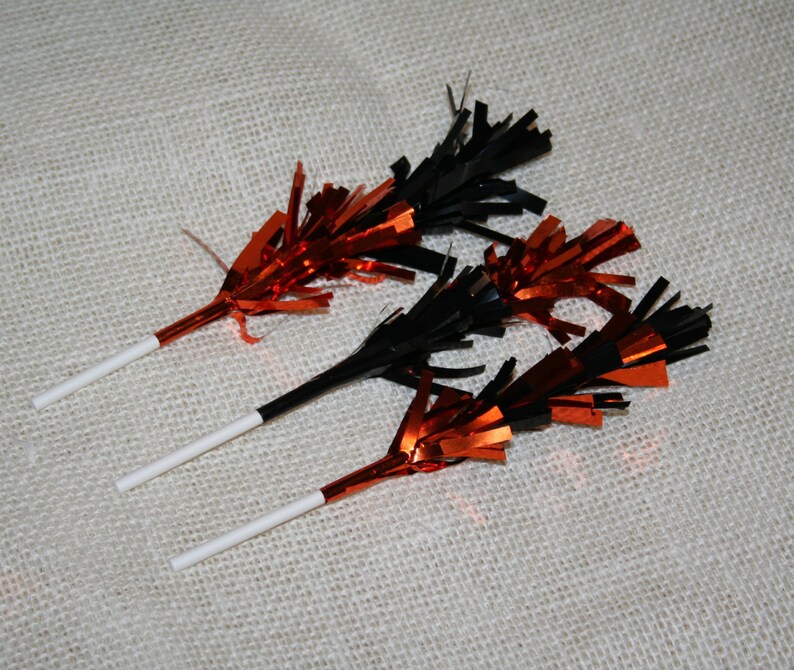 Black and Orange Metallic Fringe Halloween Cupcake or Cake Toppers Set of 12 image 4