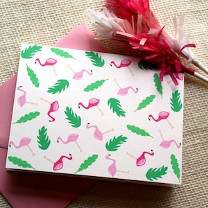 Hot Pink Flamingo and Palm Frond Stationery Set| Illustrated Tropical Blank Greeting Card  Gift Set for Thank You, Teacher, Office Supplies