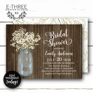 Rustic Bridal Shower Invitation White Baby's Breath Flower Bridal Shower Invitation Mason Jar Wood Wedding Shower image 1