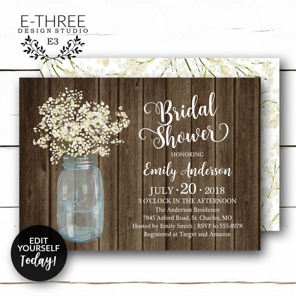 Rustic Bridal Shower Invitation - White Baby's Breath Flower Bridal Shower Invitation - Mason Jar Wood Wedding Shower