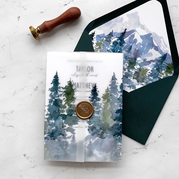 Forest Greenery Vellum Wrap and Wax Seals, Rustic Mountain Vellum Jacket add on for our Taylor Collection Wedding Invitation Suite