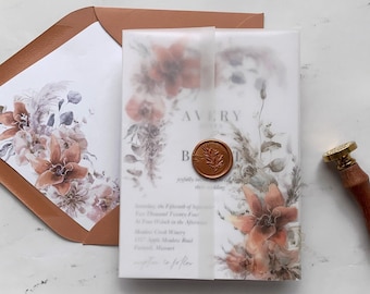 Autunno Pampas Grass Vellum Giacche e abbellimento sigillo di cera, giacca di pergamena floreale in terracotta, sigilli di cera di rame per la nostra collezione Avery
