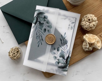 Watercolor Greenery Vellum Jacket and Wax Seals, Botanical Greenery Vellum Wrap add on for our Rowan Collection Wedding Invitation Suite