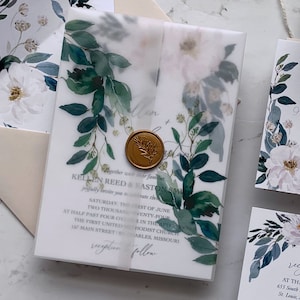 White Floral and Greenery Vellum Jackets and Wax Seal Embellishment, Greenery Vellum Wraps, Gold Wax Seals for our Kellen Collection