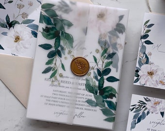 White Floral and Greenery Vellum Jackets and Wax Seal Embellishment, Greenery Vellum Wraps, Gold Wax Seals for our Kellen Collection