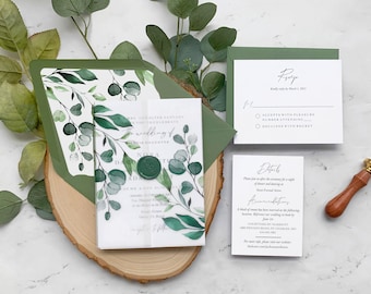 Eucalyptus Wedding Invitation Suite, Watercolor Greenery Wedding Invitations with Wax Seal and Vellum, Minimalistic, Nora Suite