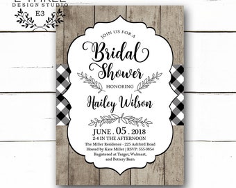 Rustic Bridal Shower Invitation - Black and White Gingham Wedding Shower Invitations - Wood and Plaid - Foliage - Neutral Country